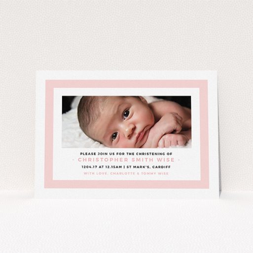 A christening invitation template titled "Big Pink". It is an A5 invite in a landscape orientation. It is a photographic christening invitation with room for 1 photo. "Big Pink" is available as a flat invite, with tones of pink and white.