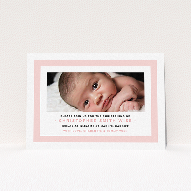A christening invitation template titled "Big Pink". It is an A5 invite in a landscape orientation. It is a photographic christening invitation with room for 1 photo. "Big Pink" is available as a flat invite, with tones of pink and white.
