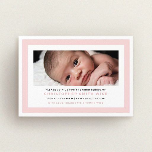 Christening Invitation Design - "Big Pink" A christening invitation design titled "Big Pink". It is an A6 invite in a landscape orientation. It is a photographic christening invitation with room for 1 photo. "Big Pink" is available as a flat invite, with tones of pink and white.