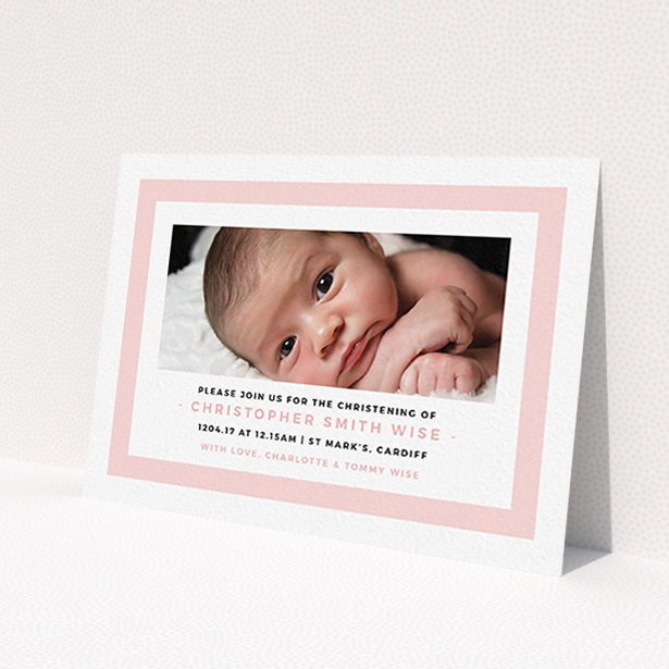 A christening invitation design titled "Big Pink". It is an A6 invite in a landscape orientation. It is a photographic christening invitation with room for 1 photo. "Big Pink" is available as a flat invite, with tones of pink and white.