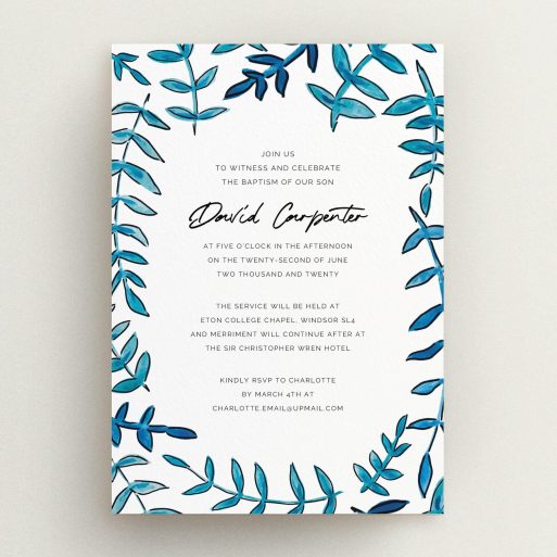 Christening Invitation Design - "Blue Branch Swirl" A christening invitation design called "Blue Branch Swirl". It is an A5 invite in a portrait orientation. "Blue Branch Swirl" is available as a flat invite, with tones of blue and white.