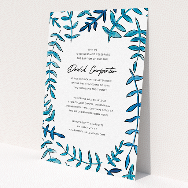 A christening invitation design called 'Blue Branch Swirl'. It is an A5 invite in a portrait orientation. 'Blue Branch Swirl' is available as a flat invite, with tones of blue and white.