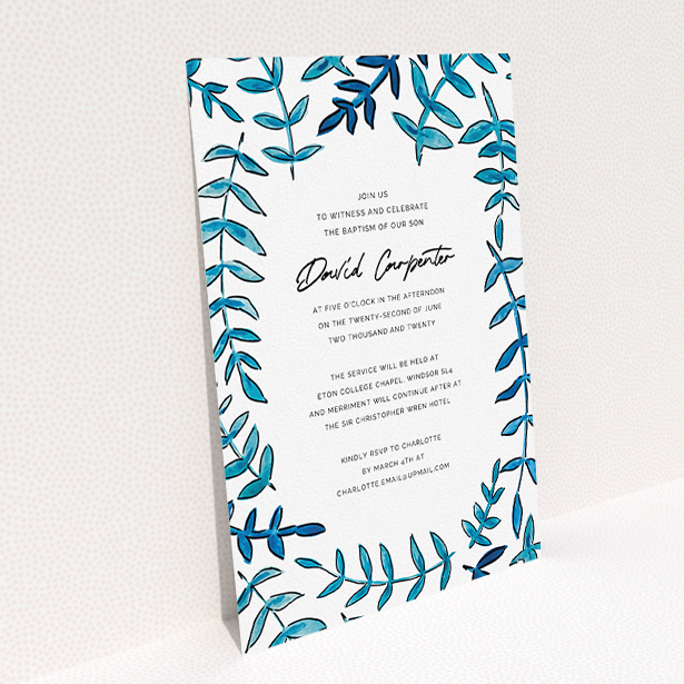 A christening invitation design called "Blue Branch Swirl". It is an A5 invite in a portrait orientation. "Blue Branch Swirl" is available as a flat invite, with tones of blue and white.