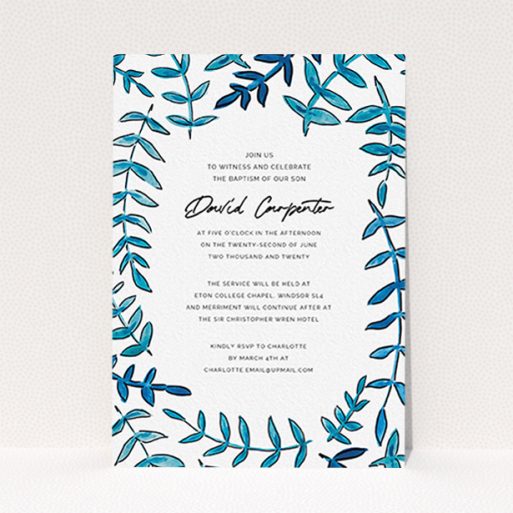 A christening invitation design called "Blue Branch Swirl". It is an A6 invite in a portrait orientation. "Blue Branch Swirl" is available as a flat invite, with tones of blue and white.