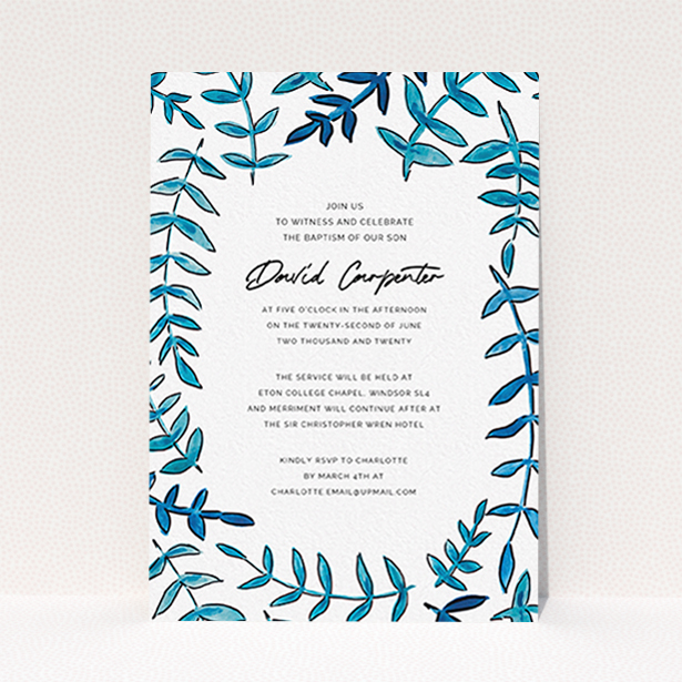 A christening invitation design called "Blue Branch Swirl". It is an A6 invite in a portrait orientation. "Blue Branch Swirl" is available as a flat invite, with tones of blue and white.
