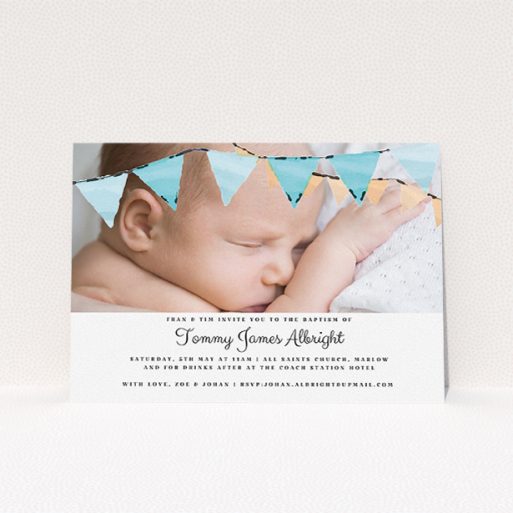 A christening invitation named "Blue Bunting". It is an A5 invite in a landscape orientation. It is a photographic christening invitation with room for 1 photo. "Blue Bunting" is available as a flat invite, with tones of blue and white.