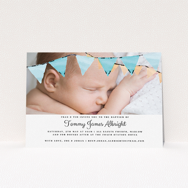 A christening invitation named "Blue Bunting". It is an A5 invite in a landscape orientation. It is a photographic christening invitation with room for 1 photo. "Blue Bunting" is available as a flat invite, with tones of blue and white.