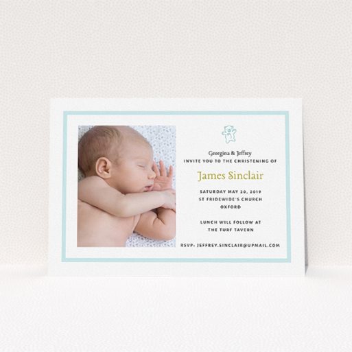 A christening invitation design named "Blue Teddy". It is an A5 invite in a landscape orientation. It is a photographic christening invitation with room for 1 photo. "Blue Teddy" is available as a flat invite, with tones of blue and white.