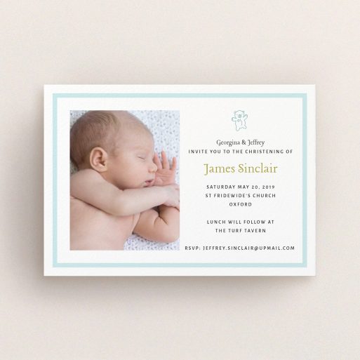 Christening Invitation Design - "Blue Teddy" A christening invitation named "Blue Teddy". It is an A6 invite in a landscape orientation. It is a photographic christening invitation with room for 1 photo. "Blue Teddy" is available as a flat invite, with tones of blue and white.