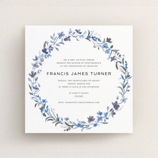 Christening Invitation Design - "Blue Wildflowers" A christening invitation design called "Blue Wildflowers". It is a square (148mm x 148mm) invite in a square orientation. "Blue Wildflowers" is available as a flat invite, with tones of light blue, purple and grey.