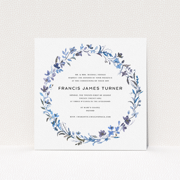 A christening invitation design called "Blue Wildflowers". It is a square (148mm x 148mm) invite in a square orientation. "Blue Wildflowers" is available as a flat invite, with tones of light blue, purple and grey.