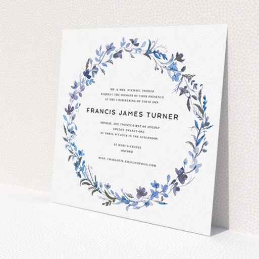 A christening invitation design called 'Blue Wildflowers'. It is a square (148mm x 148mm) invite in a square orientation. 'Blue Wildflowers' is available as a flat invite, with tones of light blue, purple and grey.