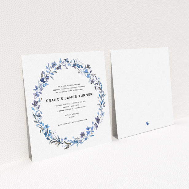 A christening invitation design called "Blue Wildflowers". It is a square (148mm x 148mm) invite in a square orientation. "Blue Wildflowers" is available as a flat invite, with tones of light blue, purple and grey.