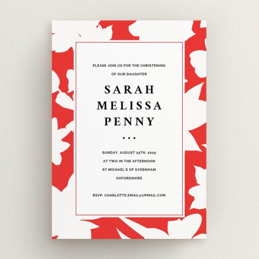 Christening Invitation Design - "Bold Red" A christening invitation design called "Bold Red". It is an A5 invite in a portrait orientation. "Bold Red" is available as a flat invite, with tones of red and white.