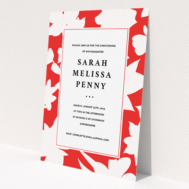 A christening invitation design called 'Bold Red'. It is an A5 invite in a portrait orientation. 'Bold Red' is available as a flat invite, with tones of red and white.