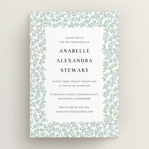 Christening Invitation Design - "Branching Out" A christening invitation design called "Branching Out". It is an A5 invite in a portrait orientation. "Branching Out" is available as a flat invite, with tones of blue and green.