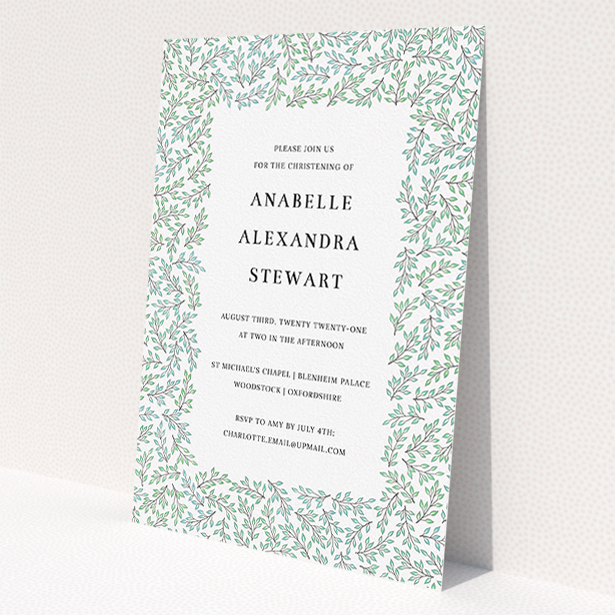 A christening invitation design called 'Branching Out'. It is an A5 invite in a portrait orientation. 'Branching Out' is available as a flat invite, with tones of blue and green.