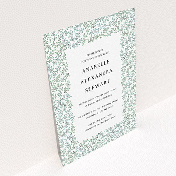 A christening invitation design called "Branching Out". It is an A5 invite in a portrait orientation. "Branching Out" is available as a flat invite, with tones of blue and green.