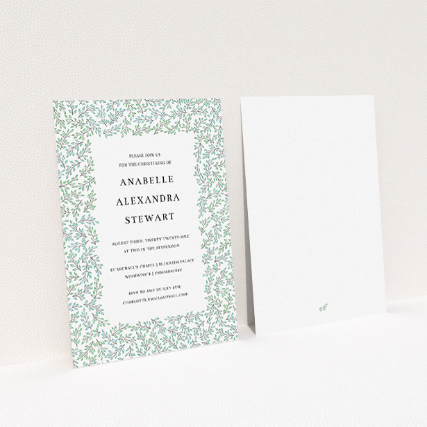 A christening invitation design called "Branching Out". It is an A5 invite in a portrait orientation. "Branching Out" is available as a flat invite, with tones of blue and green.