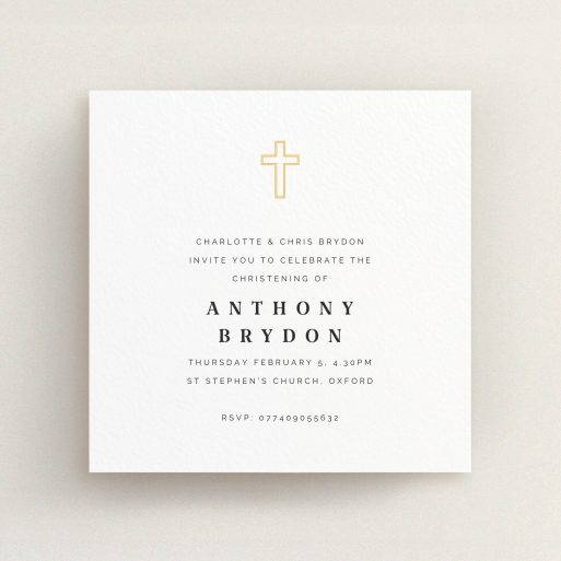 Christening Invitation Design - "Bright Yellow Cross" A christening invitation called "Bright Yellow Cross". It is a square (148mm x 148mm) invite in a square orientation. "Bright Yellow Cross" is available as a flat invite, with tones of white and yellow.