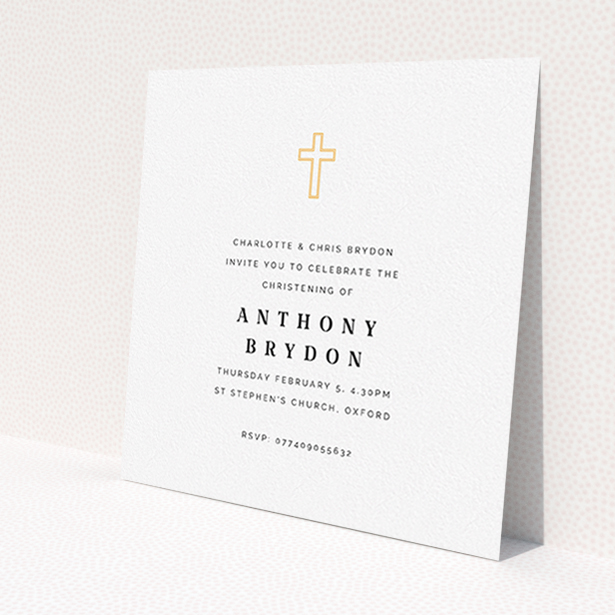A christening invitation called 'Bright Yellow Cross'. It is a square (148mm x 148mm) invite in a square orientation. 'Bright Yellow Cross' is available as a flat invite, with tones of white and yellow.