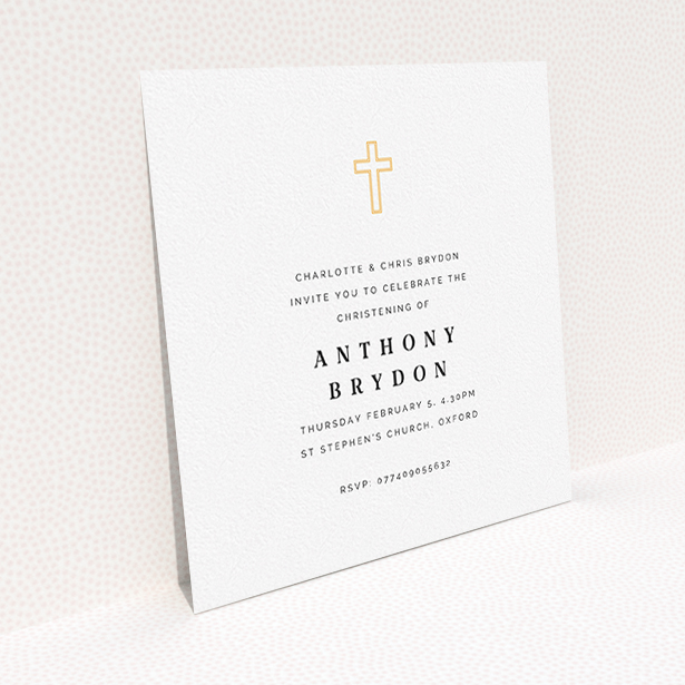 A christening invitation called "Bright Yellow Cross". It is a square (148mm x 148mm) invite in a square orientation. "Bright Yellow Cross" is available as a flat invite, with tones of white and yellow.
