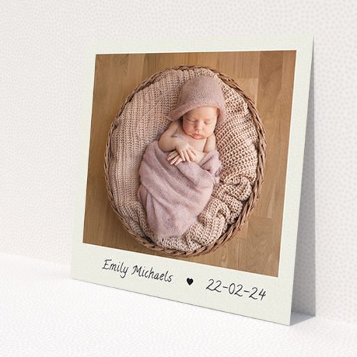 A christening invitation design named 'By Hand'. It is a square (148mm x 148mm) invite in a square orientation. It is a photographic christening invitation with room for 1 photo. 'By Hand' is available as a flat invite, with mainly cream colouring.