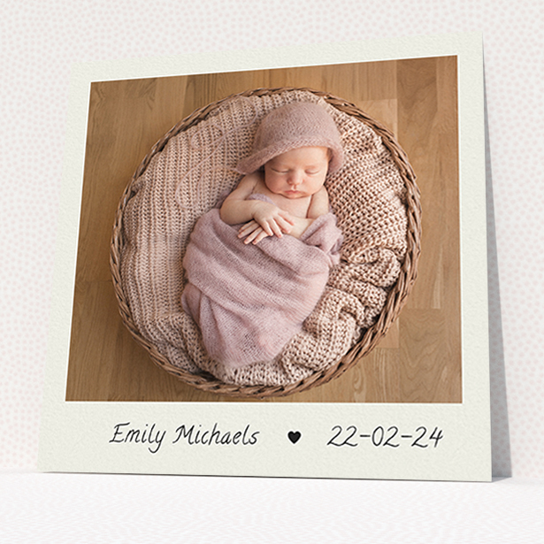 A christening invitation design named "By Hand". It is a square (148mm x 148mm) invite in a square orientation. It is a photographic christening invitation with room for 1 photo. "By Hand" is available as a flat invite, with mainly cream colouring.