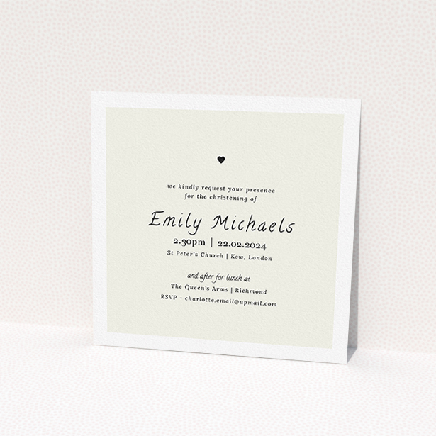 A christening invitation design named "By Hand". It is a square (148mm x 148mm) invite in a square orientation. It is a photographic christening invitation with room for 1 photo. "By Hand" is available as a flat invite, with mainly cream colouring.