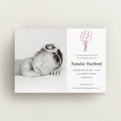 Christening Invitation Design - "Celebration" A christening invitation called "Celebration". It is an A6 invite in a landscape orientation. It is a photographic christening invitation with room for 1 photo. "Celebration" is available as a flat invite, with tones of white and red.