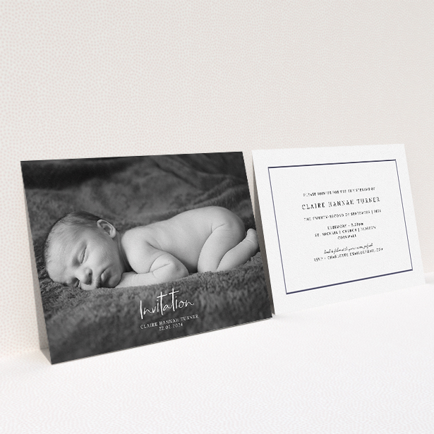 A christening invitation template titled "Central Script". It is an A5 invite in a landscape orientation. It is a photographic christening invitation with room for 1 photo. "Central Script" is available as a flat invite, with mainly white colouring.