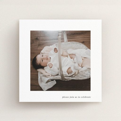 Christening Invitation Design - "Christening Message Serif" A christening invitation design titled "Christening Message Serif". It is a square (148mm x 148mm) invite in a square orientation. It is a photographic christening invitation with room for 1 photo. "Christening Message Serif" is available as a flat invite, with mainly white colouring.