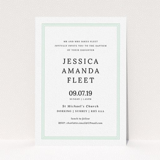 A christening invitation called "Classic Border". It is an A6 invite in a portrait orientation. "Classic Border" is available as a flat invite, with tones of blue and white.