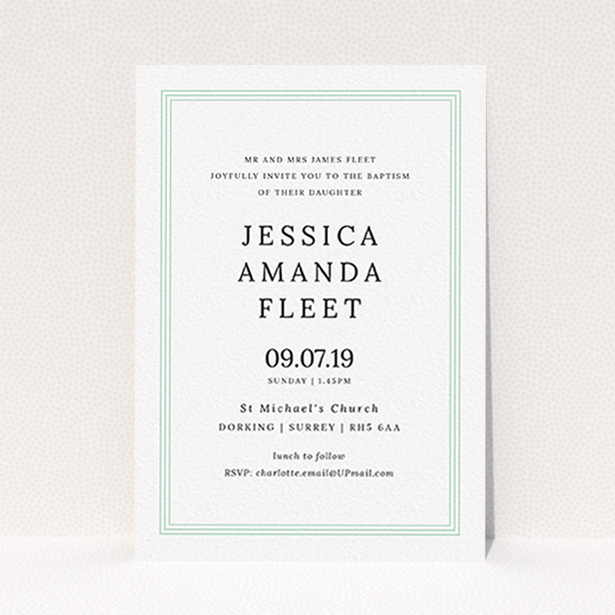 A christening invitation called "Classic Border". It is an A6 invite in a portrait orientation. "Classic Border" is available as a flat invite, with tones of blue and white.