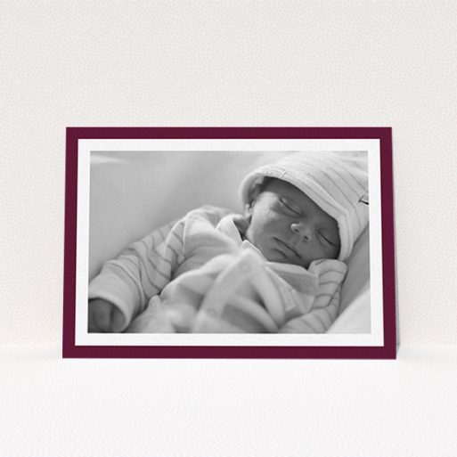 A christening invitation called "Classic Burgundy Photo Frame". It is an A6 invite in a landscape orientation. It is a photographic christening invitation with room for 1 photo. "Classic Burgundy Photo Frame" is available as a flat invite, with tones of burgundy and white.