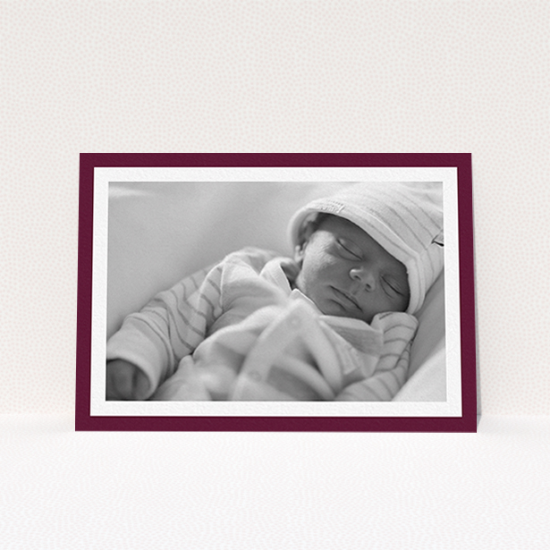A christening invitation called "Classic Burgundy Photo Frame". It is an A6 invite in a landscape orientation. It is a photographic christening invitation with room for 1 photo. "Classic Burgundy Photo Frame" is available as a flat invite, with tones of burgundy and white.
