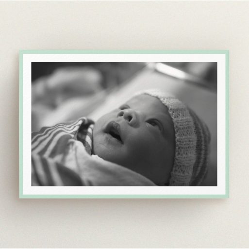 Christening Invitation Design - "Classic Mint Photo Frame" A christening invitation design titled "Classic Mint Photo Frame". It is an A5 invite in a landscape orientation. It is a photographic christening invitation with room for 1 photo. "Classic Mint Photo Frame" is available as a flat invite, with tones of green and white.