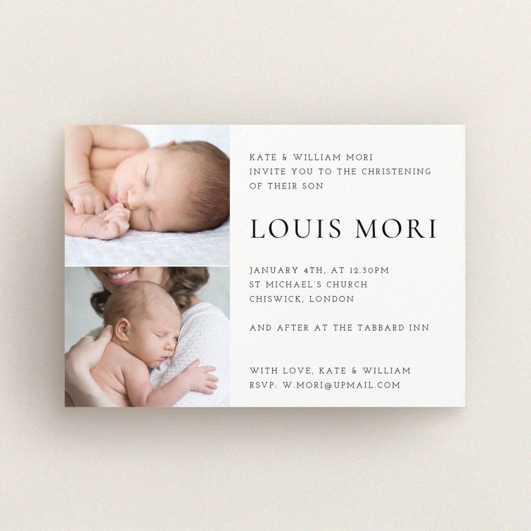 A christening invitation design named "Clean and Simple". It is an A6 invite in a landscape orientation. It is a photographic christening invitation with room for 2 photos. "Clean and Simple" is available as a flat invite, with mainly white colouring.