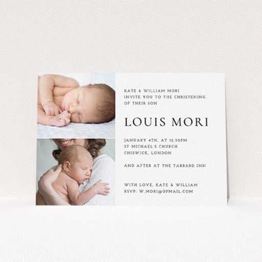 A christening invitation design named "Clean and Simple". It is an A6 invite in a landscape orientation. It is a photographic christening invitation with room for 2 photos. "Clean and Simple" is available as a flat invite, with mainly white colouring.