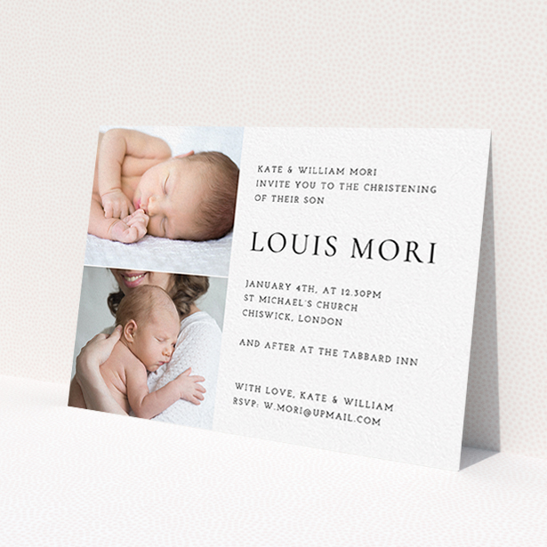 A christening invitation design named 'Clean and Simple'. It is an A6 invite in a landscape orientation. It is a photographic christening invitation with room for 2 photos. 'Clean and Simple' is available as a flat invite, with mainly white colouring.