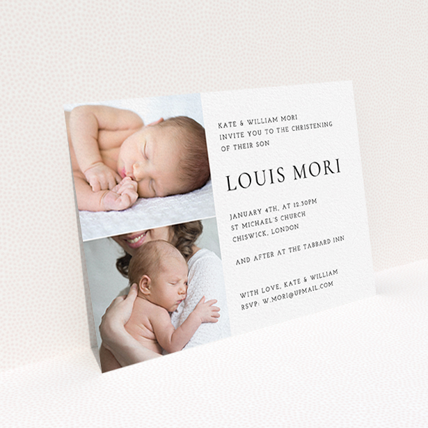 A christening invitation design named "Clean and Simple". It is an A6 invite in a landscape orientation. It is a photographic christening invitation with room for 2 photos. "Clean and Simple" is available as a flat invite, with mainly white colouring.