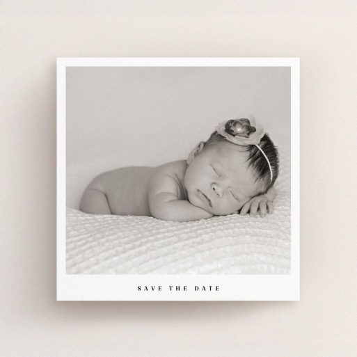 Christening Invitation Design - "Clean portrait" A christening invitation design called "Clean portrait". It is a square (148mm x 148mm) invite in a square orientation. It is a photographic christening invitation with room for 1 photo. "Clean portrait" is available as a flat invite, with mainly white colouring.