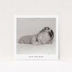 A christening invitation design called "Clean portrait". It is a square (148mm x 148mm) invite in a square orientation. It is a photographic christening invitation with room for 1 photo. "Clean portrait" is available as a flat invite, with mainly white colouring.