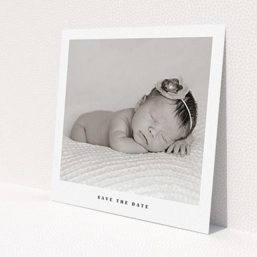 A christening invitation design called 'Clean portrait'. It is a square (148mm x 148mm) invite in a square orientation. It is a photographic christening invitation with room for 1 photo. 'Clean portrait' is available as a flat invite, with mainly white colouring.