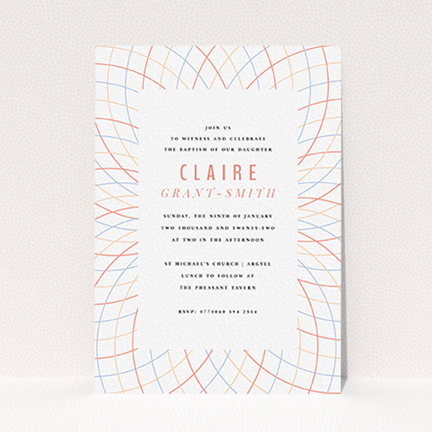 A christening invitation called "Concentric Circles". It is an A6 invite in a portrait orientation. "Concentric Circles" is available as a flat invite, with tones of white, red and blue.