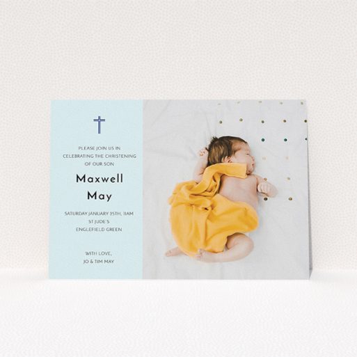 A christening invitation design called "Cross Photo". It is an A5 invite in a landscape orientation. It is a photographic christening invitation with room for 1 photo. "Cross Photo" is available as a flat invite, with mainly blue colouring.