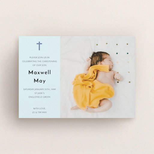 Christening Invitation Design - "Cross Photo" A christening invitation design called "Cross Photo". It is an A6 invite in a landscape orientation. It is a photographic christening invitation with room for 1 photo. "Cross Photo" is available as a flat invite, with mainly blue colouring.