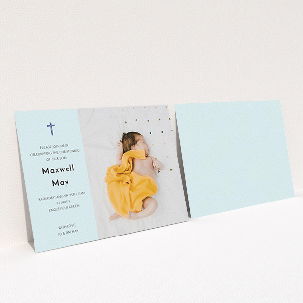 A christening invitation design called "Cross Photo". It is an A6 invite in a landscape orientation. It is a photographic christening invitation with room for 1 photo. "Cross Photo" is available as a flat invite, with mainly blue colouring.