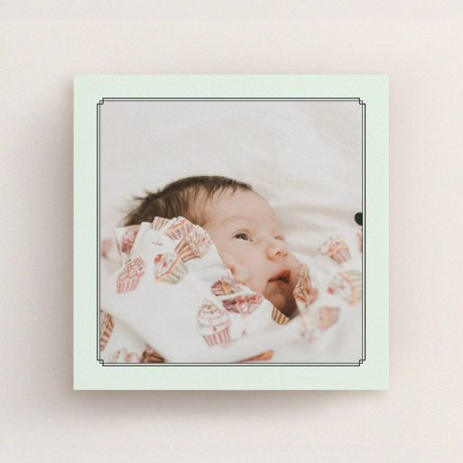 Christening Invitation Design - "Deco Mint Frame" A christening invitation design called "Deco Mint Frame". It is a square (148mm x 148mm) invite in a square orientation. It is a photographic christening invitation with room for 1 photo. "Deco Mint Frame" is available as a flat invite, with mainly green colouring.