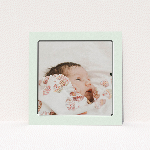 A christening invitation design called "Deco Mint Frame". It is a square (148mm x 148mm) invite in a square orientation. It is a photographic christening invitation with room for 1 photo. "Deco Mint Frame" is available as a flat invite, with mainly green colouring.